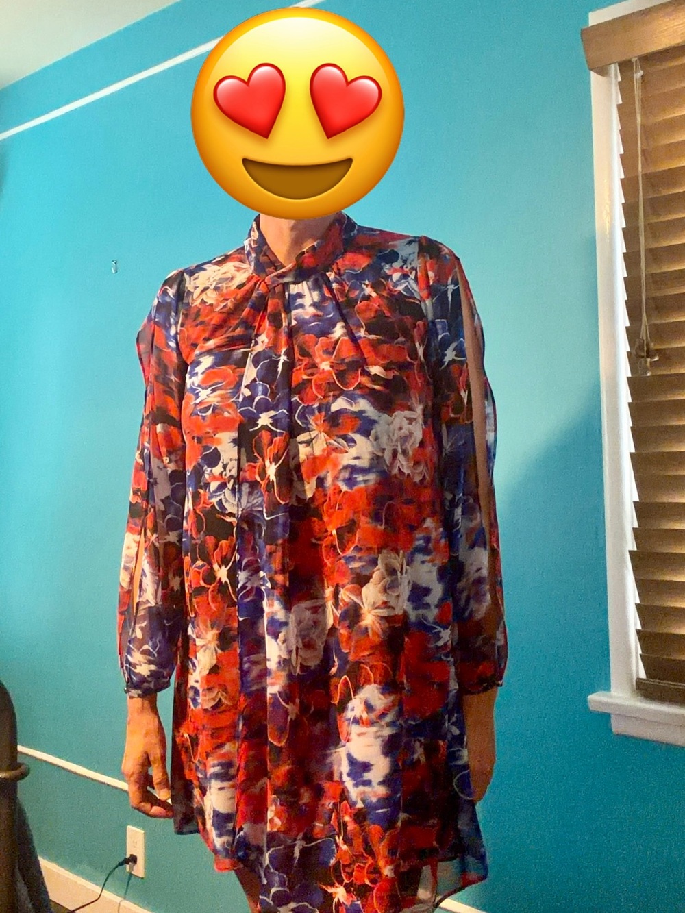 Jennifer Lopez Red & Blue Floral Long-Sleeve Tie-Neck Shift Dress